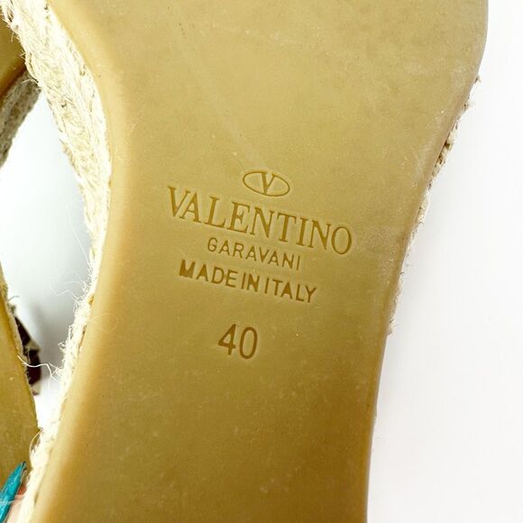 VALENTINO Brown Rockstud Espadrille Wedge Heels Size 40 Peep Sandal Ankle Strap - Picture 13 of 14